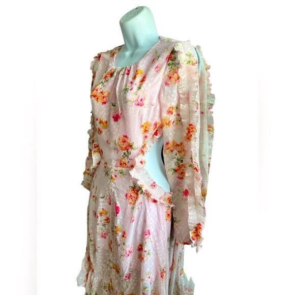 DARK PINK London Floral Print Ruffle  Waist Cut-out Long Sleeves Open Back Sz S - Picture 2 of 10